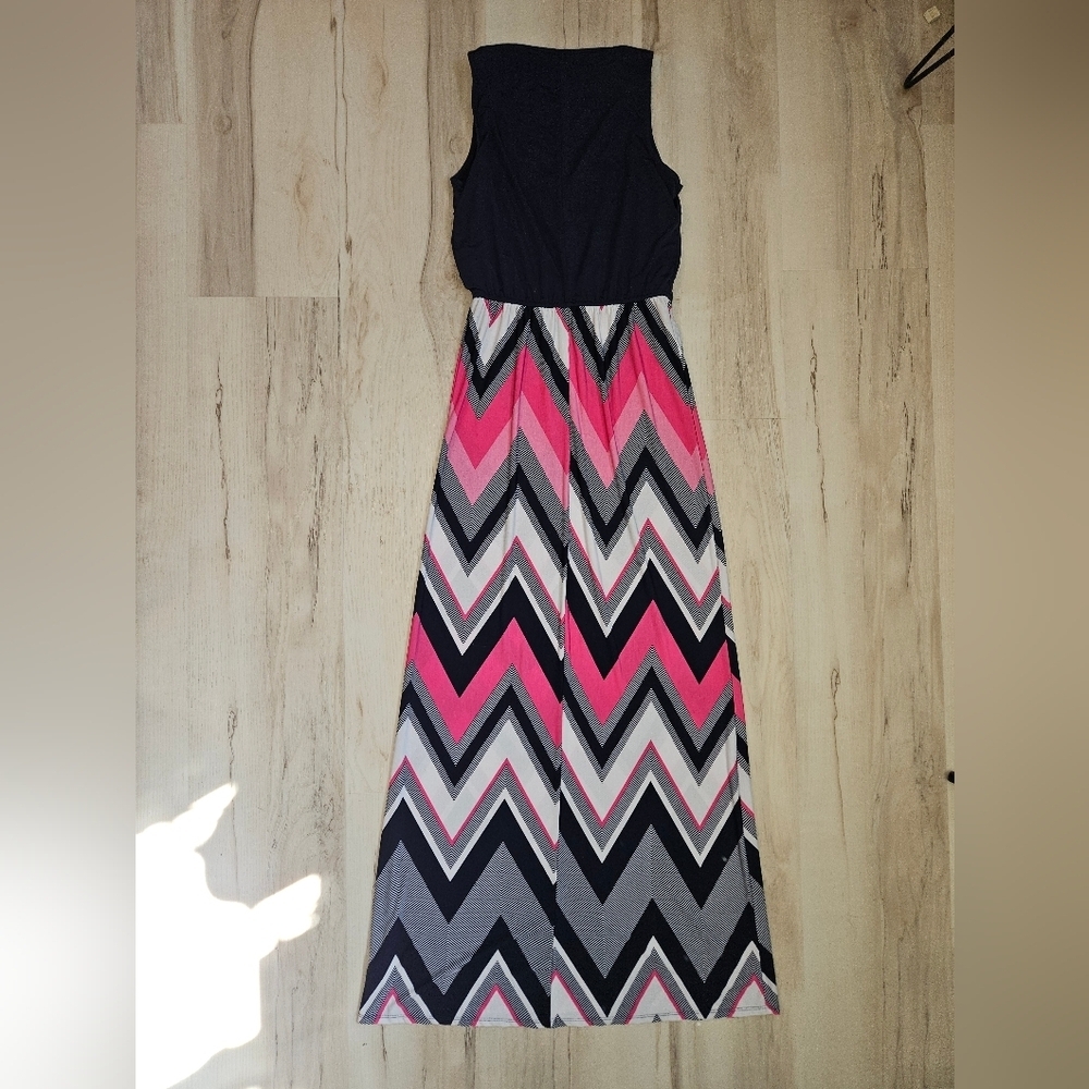 Three Pink Hearts Chevron Maxi Dress Navy Pink Boho Strappy Tank Empire Waist XS - Picture 9 of 12